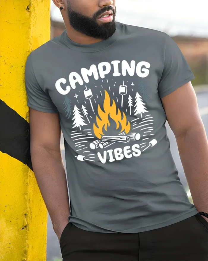 Camping Vibes T-Shirt Bonfire Marshmallow Forest - model in grey shirt leaning against column