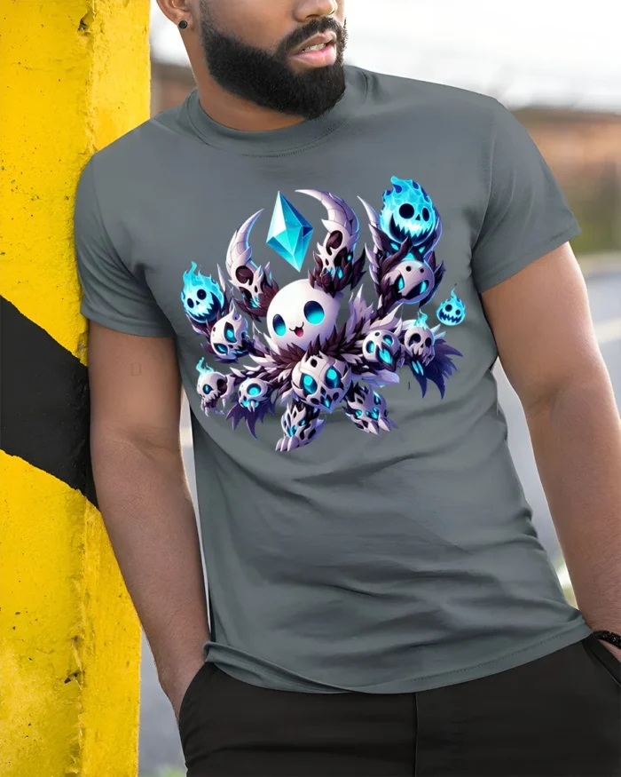 Chibi Skull Mage T-Shirt Cute Dark Fantasy Gaming - model in grey shirt leaning against column