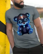 Cyber Glow Panda T-Shirt Cute Futuristic Neon Bear - model in grey shirt leaning against column