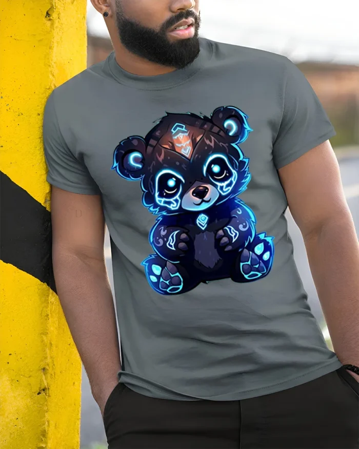 Cyber Glow Panda T-Shirt Cute Futuristic Neon Bear - model in grey shirt leaning against column