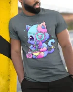 Pastel Goth Cat T-Shirt Cute Kawaii Ramen Anime - model in grey shirt leaning against column
