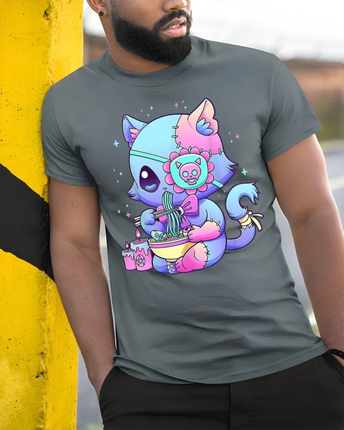 Pastel Goth Cat T-Shirt Cute Kawaii Ramen Anime - model in grey shirt leaning against column