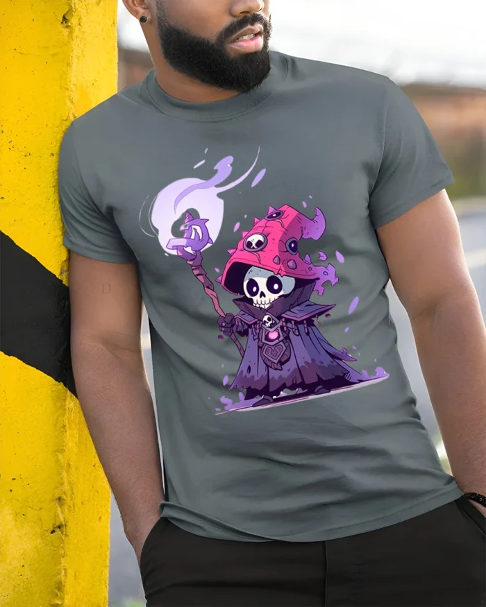 Skeleton Wizard T-Shirt Cute Dark Mage Skull Graphic - model in grey shirt leaning against column