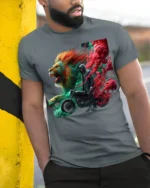 Lions and Smoke Rider T-Shirt Bold Biker Street Art - model in grey shirt leaning against column