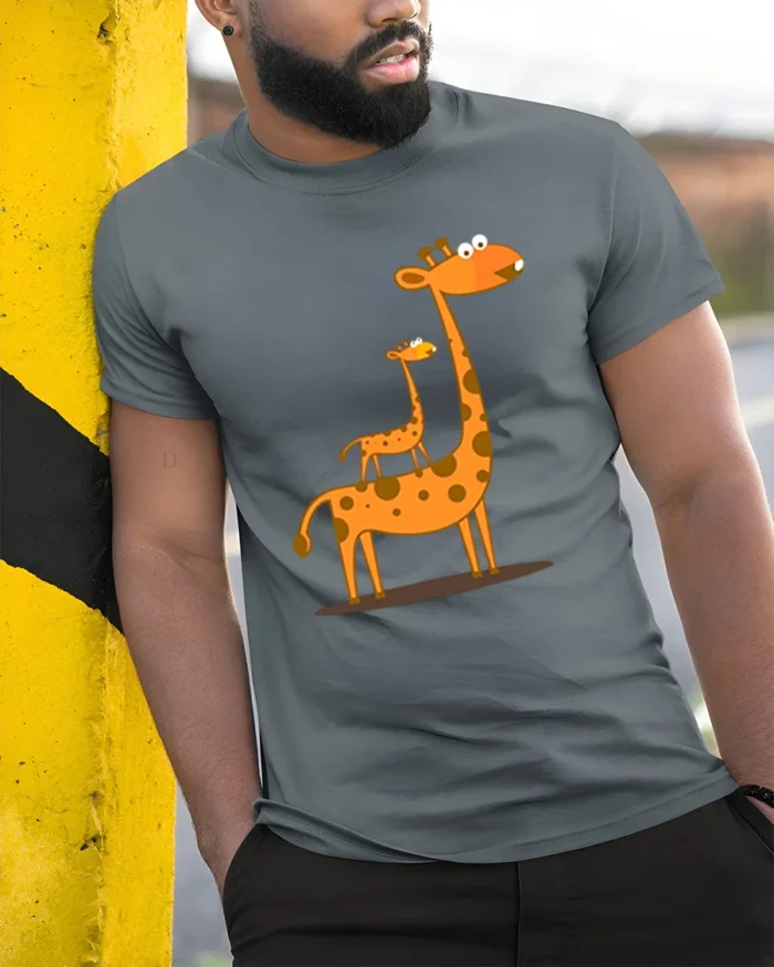 Cute Giraffe Family T-Shirt Funny Cartoon Animal - model in grey shirt leaning against column
