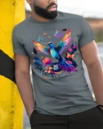 Colorful Hummingbird T-Shirt Floral Butterfly Art - model in grey shirt leaning against column