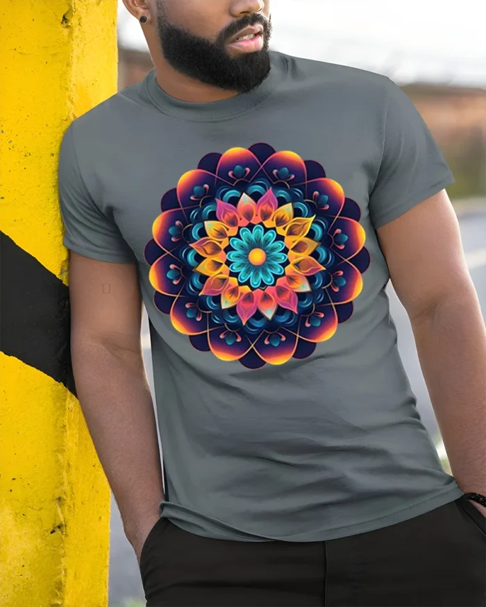 Geometric Mandala T-Shirt Colorful Sacred Flower - model in grey shirt leaning against column