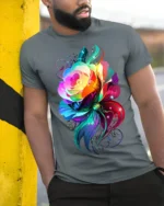 Rainbow Rose Butterfly T-Shirt Colorful Fantasy Art - model in grey shirt leaning against column
