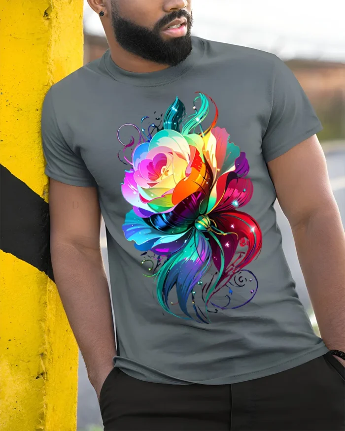 Rainbow Rose Butterfly T-Shirt Colorful Fantasy Art - model in grey shirt leaning against column