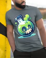 Toxic Skull Potion T-Shirt Fun Cartoon Science Lab - model in grey shirt leaning against column