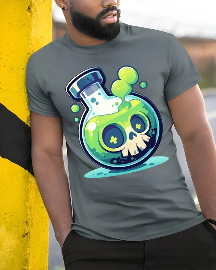 Toxic Skull Potion T-Shirt Fun Cartoon Science Lab - model in grey shirt leaning against column