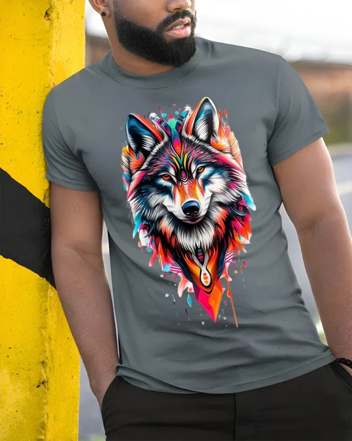 Tribal Wolf T-Shirt Vibrant Spirit Animal Graphic - model in grey shirt leaning against column