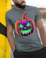 Neon Jack-O’-Lantern T-Shirt Scary Halloween Pumpkin - model in grey shirt leaning against column