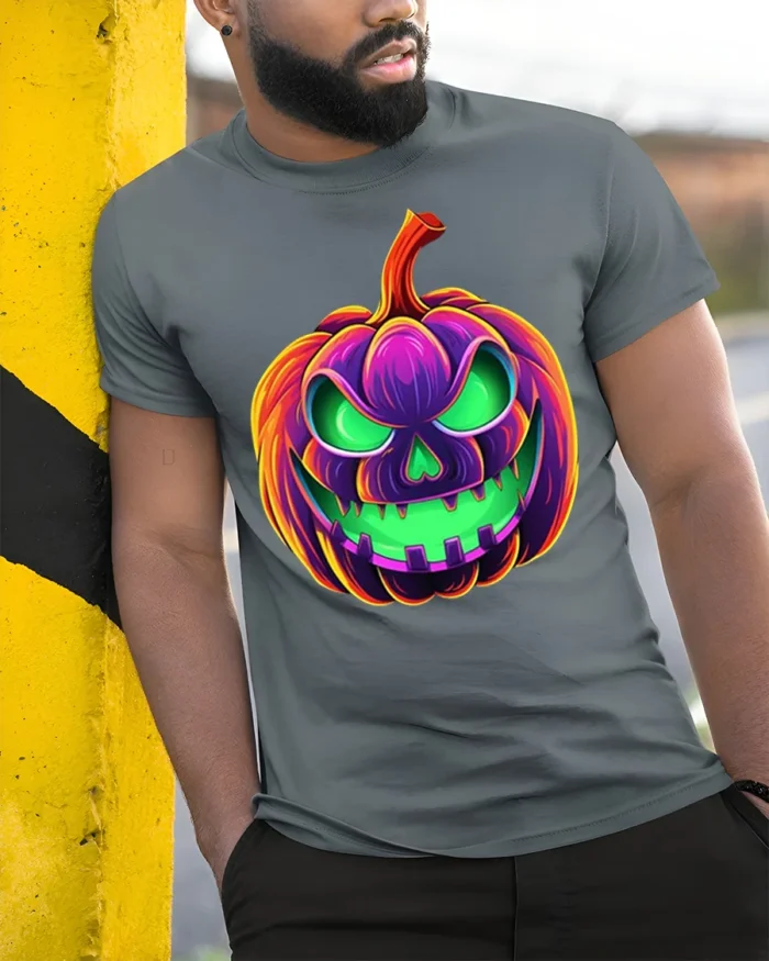 Neon Jack-O’-Lantern T-Shirt Scary Halloween Pumpkin - model in grey shirt leaning against column