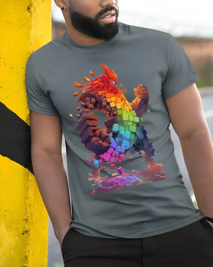 Pixel Golem T-Shirt Rainbow Elemental Fantasy Art - model in grey shirt leaning against column