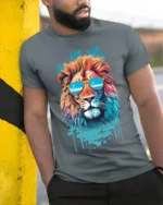 Cool Lion T-Shirt Tropical Sunglasses Animal Graphic - model in grey shirt leaning against column