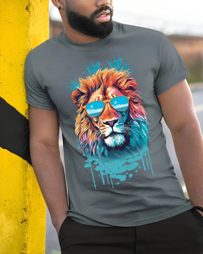 Cool Lion T-Shirt Tropical Sunglasses Animal Graphic - model in grey shirt leaning against column