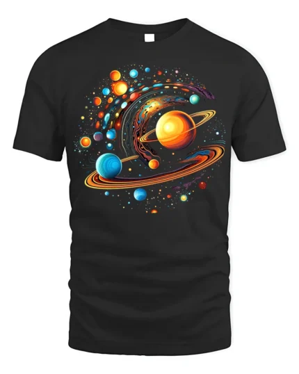 Solar System Vortex Galaxy Print T-Shirt Cosmic Cotton - black t-shirt on white background