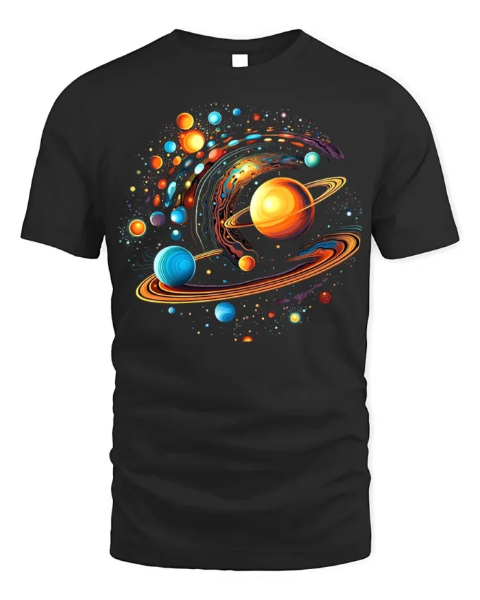 Solar System Vortex Galaxy Print T-Shirt Cosmic Cotton - black t-shirt on white background