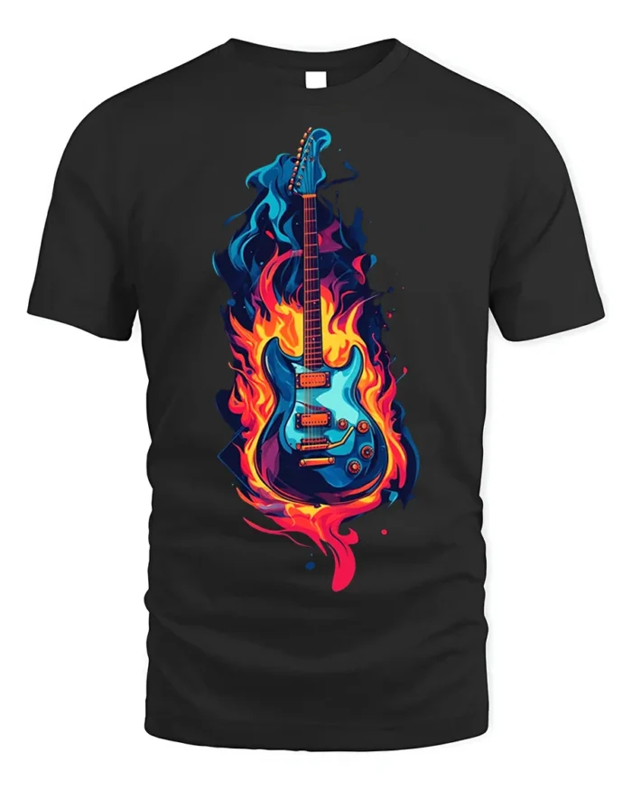 Electric Guitar on Fire Graphic T-Shirt Rock Music - black t-shirt on white background