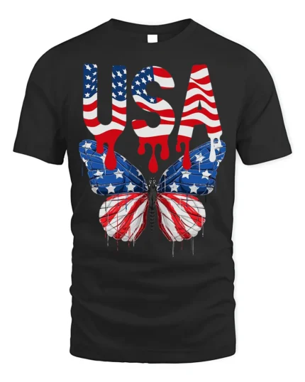 USA Flag Butterfly T-Shirt Patriotic Red White Blue - black t-shirt on white background