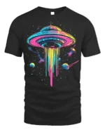 Neon UFO Space T-Shirt Psychedelic Galaxy Alien - black t-shirt on white background