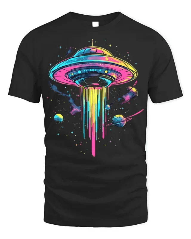 Neon UFO Space T-Shirt Psychedelic Galaxy Alien - black t-shirt on white background