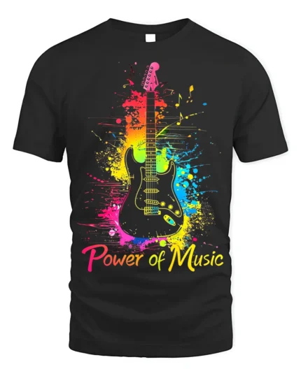 Power of Music Guitar T-Shirt Colorful Music Lover - black t-shirt on white background