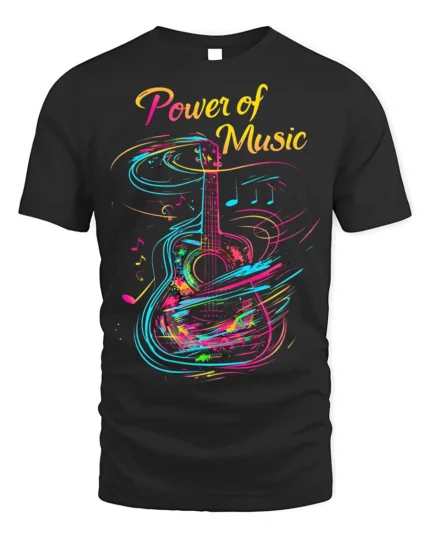 Colorful Guitar T-Shirt Power of Music Graphic - black t-shirt on white background