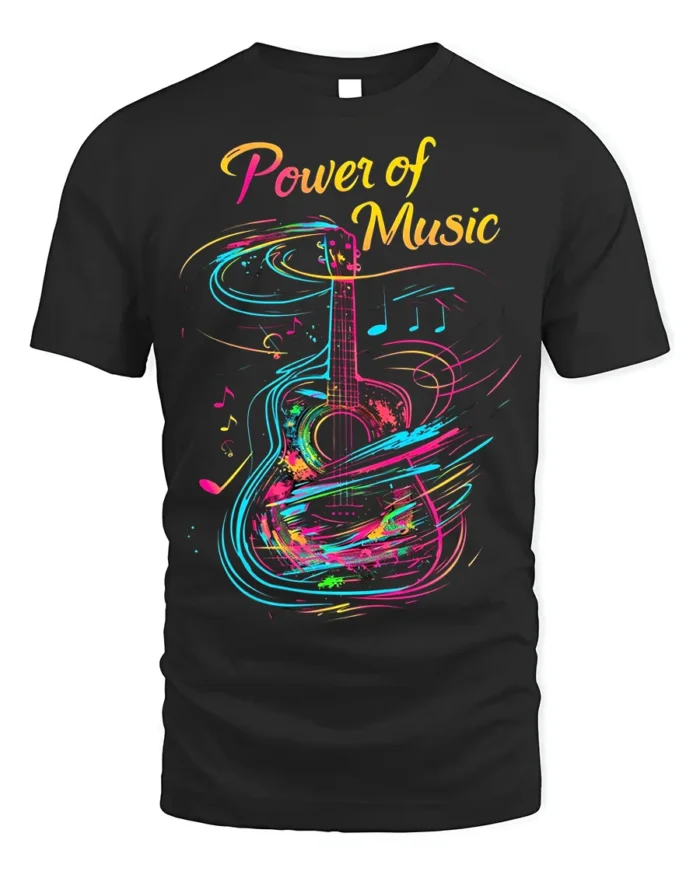 Colorful Guitar T-Shirt Power of Music Graphic - black t-shirt on white background