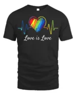 Love Is Love T-Shirt LGBTQ Rainbow Heart Pride - black t-shirt on white background
