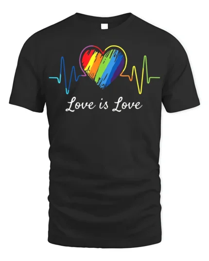 Love Is Love T-Shirt LGBTQ Rainbow Heart Pride - black t-shirt on white background