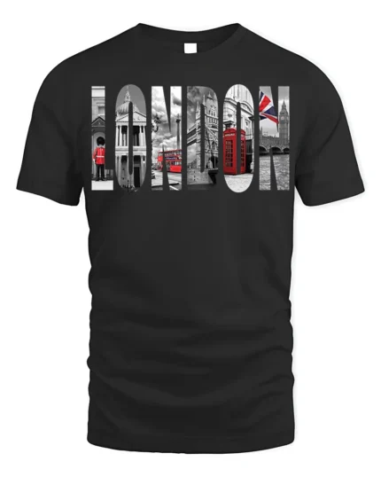 London City T-Shirt Iconic UK Landmarks Graphic - black t-shirt on white background