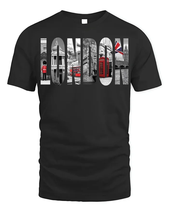 London City T-Shirt Iconic UK Landmarks Graphic - black t-shirt on white background