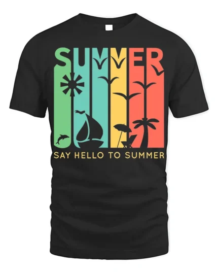 Say Hello to Summer T-Shirt Retro Beach Vibes - black t-shirt on white background