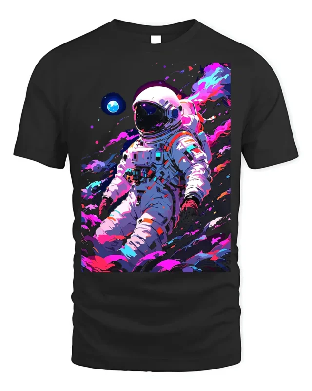 Astronaut Galaxy T-Shirt Neon Space Explorer Graphic - black t-shirt on white background