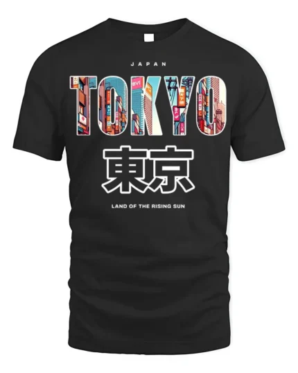 Tokyo Japan T-Shirt Neon City Skyline Graphic - black t-shirt on white background