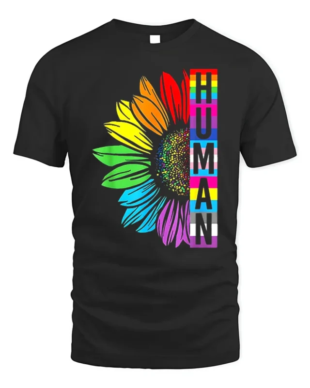 Human Pride T-Shirt Rainbow Sunflower LGBTQ+ Equality - black t-shirt on white background