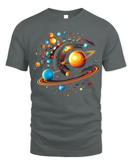 Solar System Vortex Galaxy Print T-Shirt Cosmic Cotton - gray t-shirt on white background