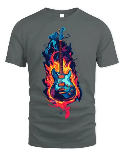 Electric Guitar on Fire Graphic T-Shirt Rock Music - gray t-shirt on white background