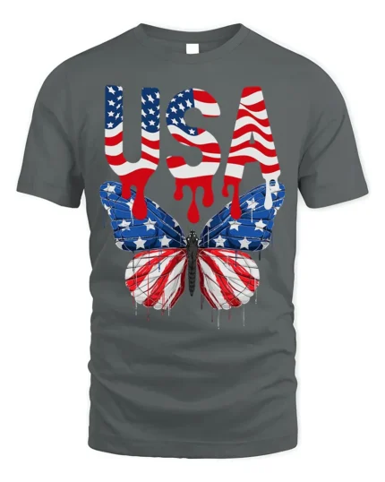 USA Flag Butterfly T-Shirt Patriotic Red White Blue - gray t-shirt on white background