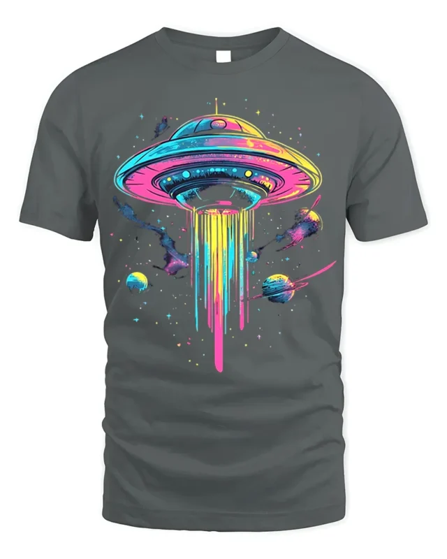 Neon UFO Space T-Shirt Psychedelic Galaxy Alien - gray t-shirt on white background
