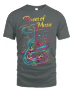 Colorful Guitar T-Shirt Power of Music Graphic - gray t-shirt on white background