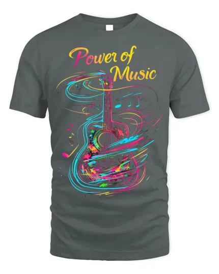 Colorful Guitar T-Shirt Power of Music Graphic - gray t-shirt on white background