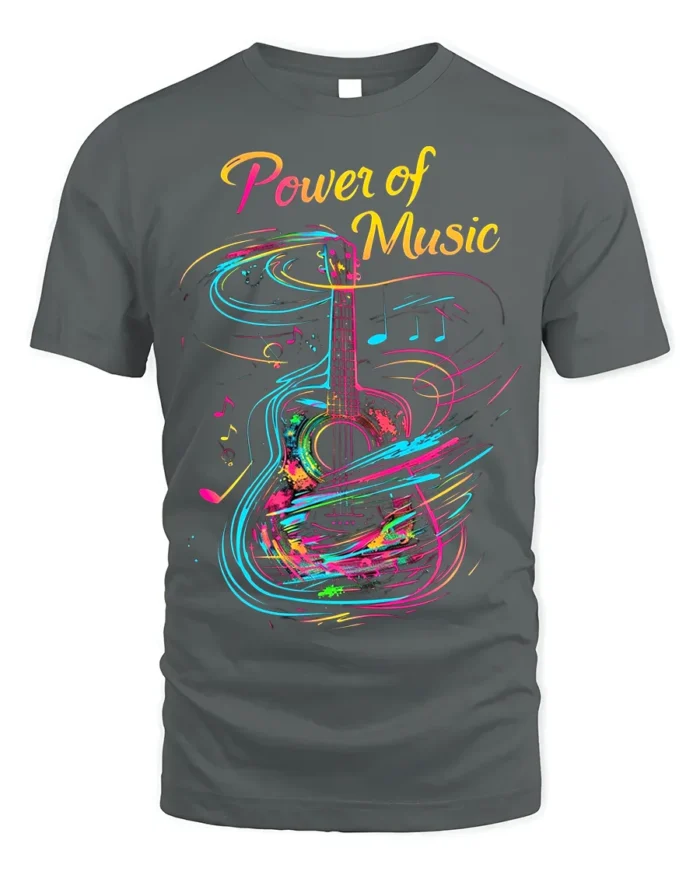 Colorful Guitar T-Shirt Power of Music Graphic - gray t-shirt on white background