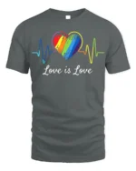 Love Is Love T-Shirt LGBTQ Rainbow Heart Pride - gray t-shirt on white background