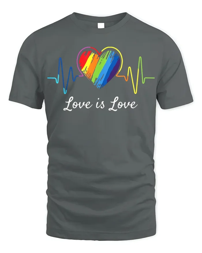 Love Is Love T-Shirt LGBTQ Rainbow Heart Pride - gray t-shirt on white background