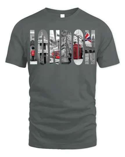 London City T-Shirt Iconic UK Landmarks Graphic - gray t-shirt on white background
