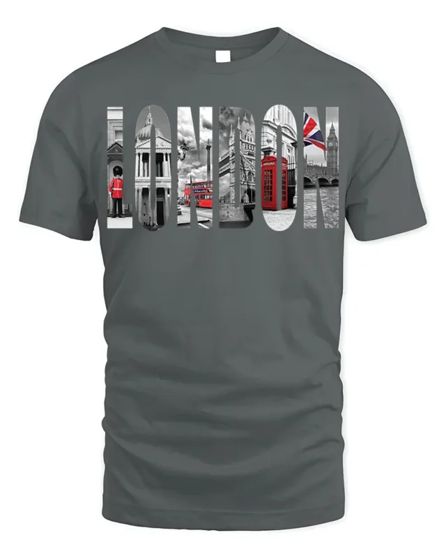 London City T-Shirt Iconic UK Landmarks Graphic - gray t-shirt on white background