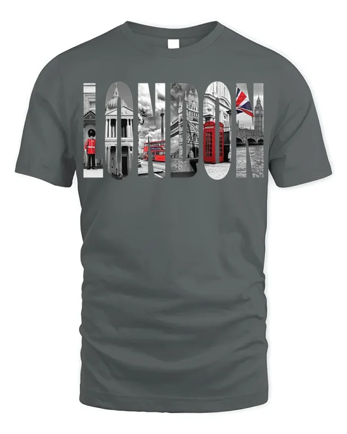London City T-Shirt Iconic UK Landmarks Graphic - gray t-shirt on white background